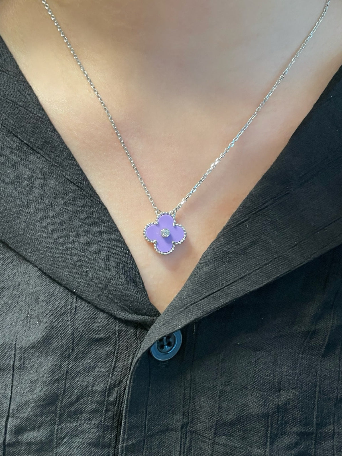 Clover Pendant Necklace in Polished Metal-Tone – Purple Chalcedony main product view
