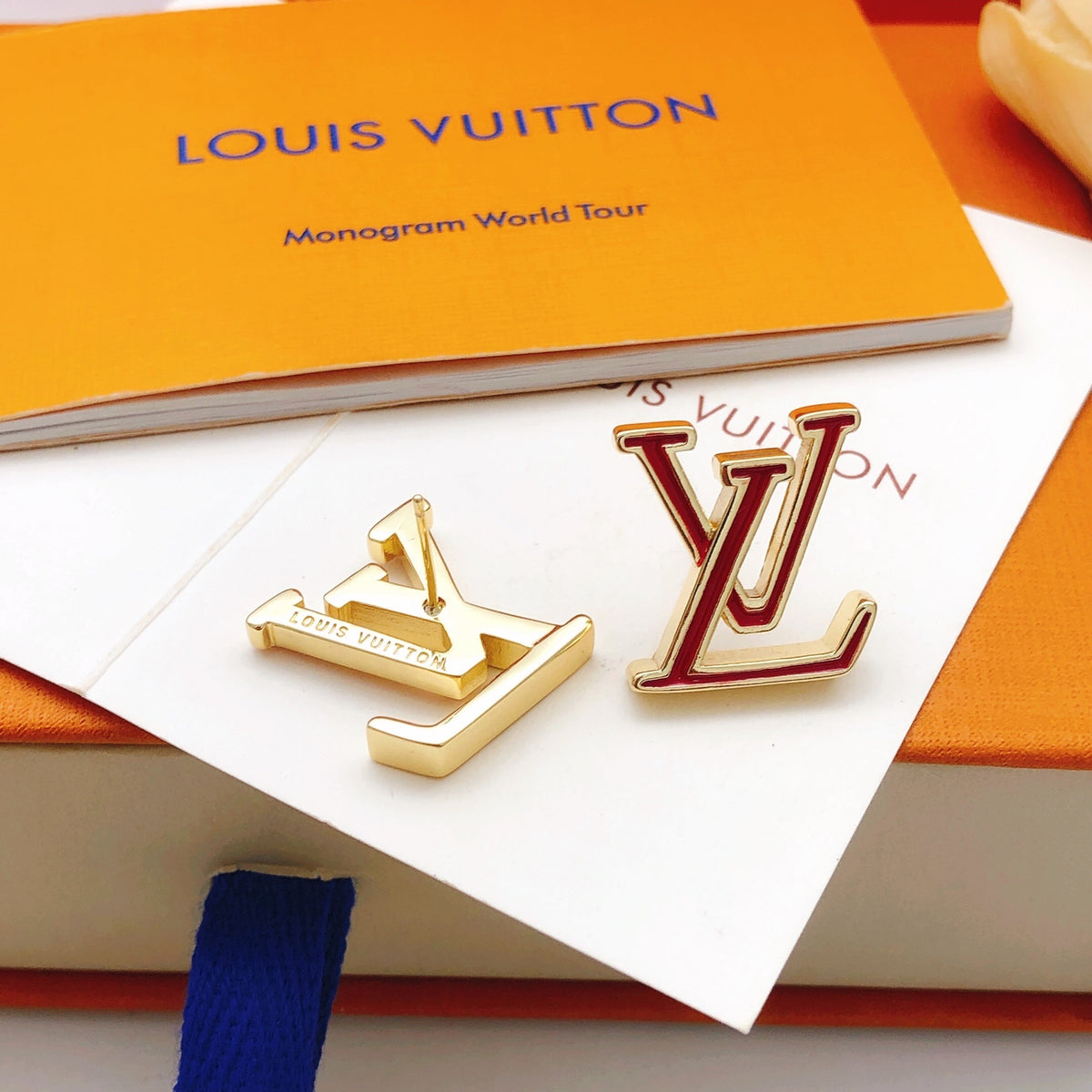 Geometric Emblem Stud Earrings in Gold-Tone – Red Detail – Design 004 side detail