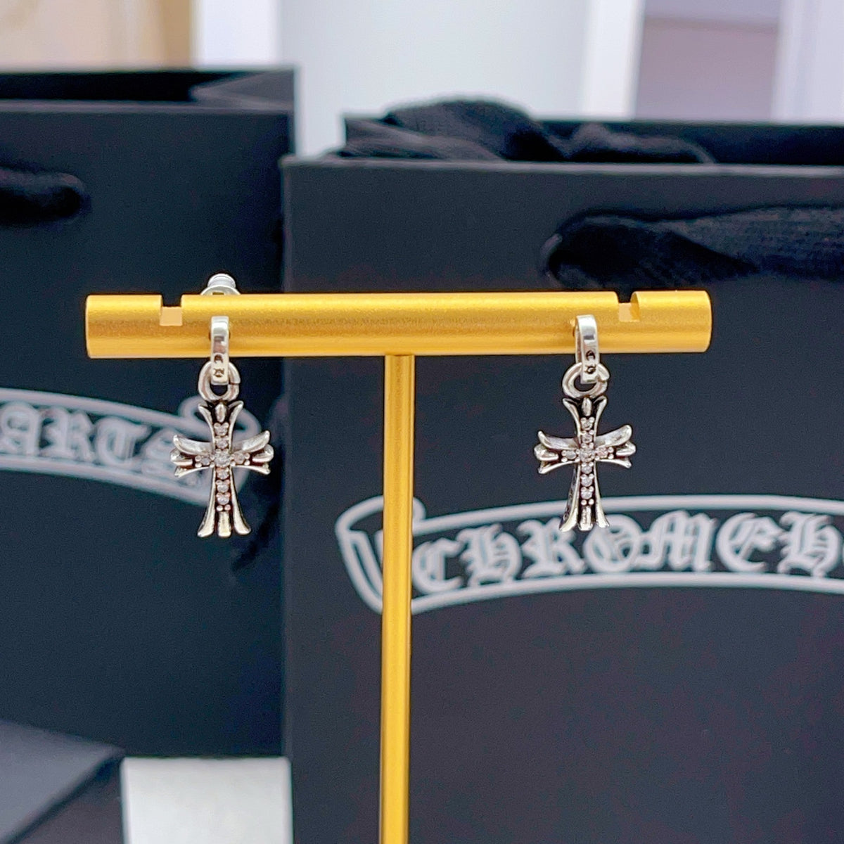 Gothic Emblem Stud Earrings in Metal-Tone close-up detail