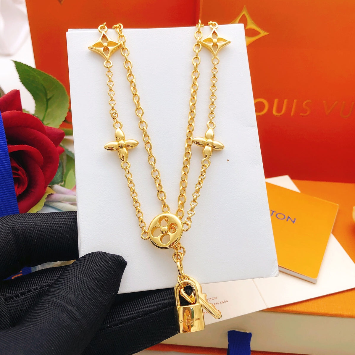 Lock Double-Layer Pendant Necklace styled product view