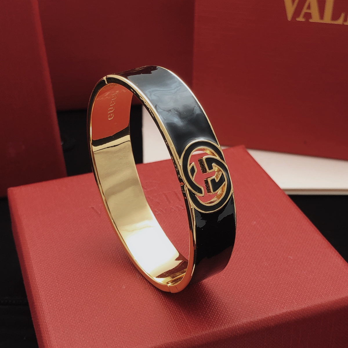 Geometric Emblem Bangle in Gold-Tone – Black Detail main product view
