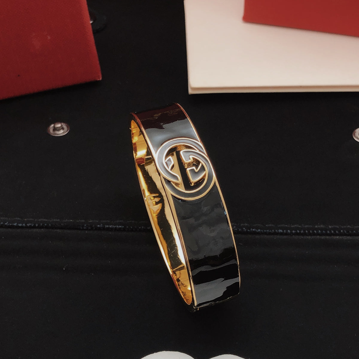 Geometric Emblem Bangle in Gold-Tone – Black Detail main product view