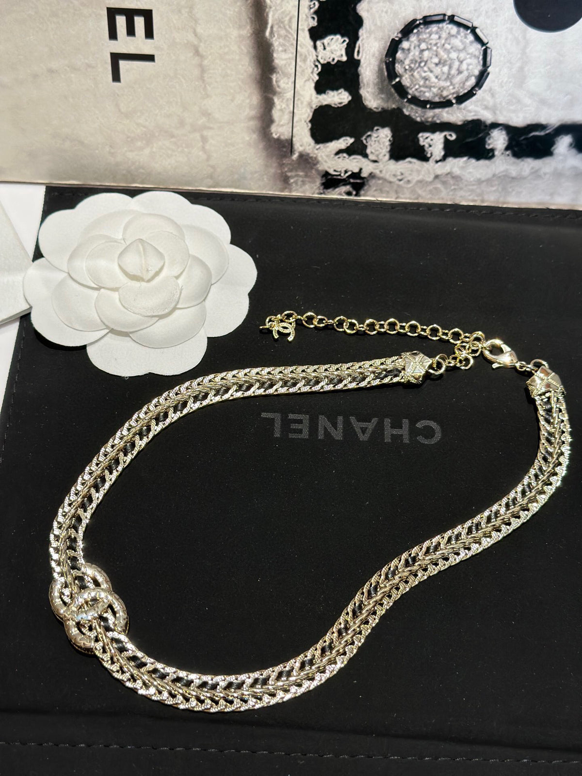 Signature Emblem Pendant Necklace in Polished Metal-Tone – Black Detail front product view