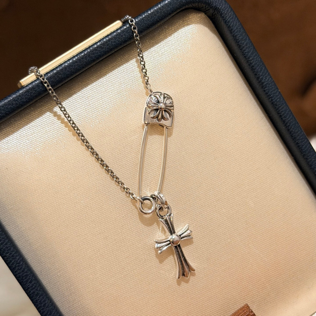 Signature Emblem Pendant Necklace in Polished Metal-Tone – Design 087 close-up detail