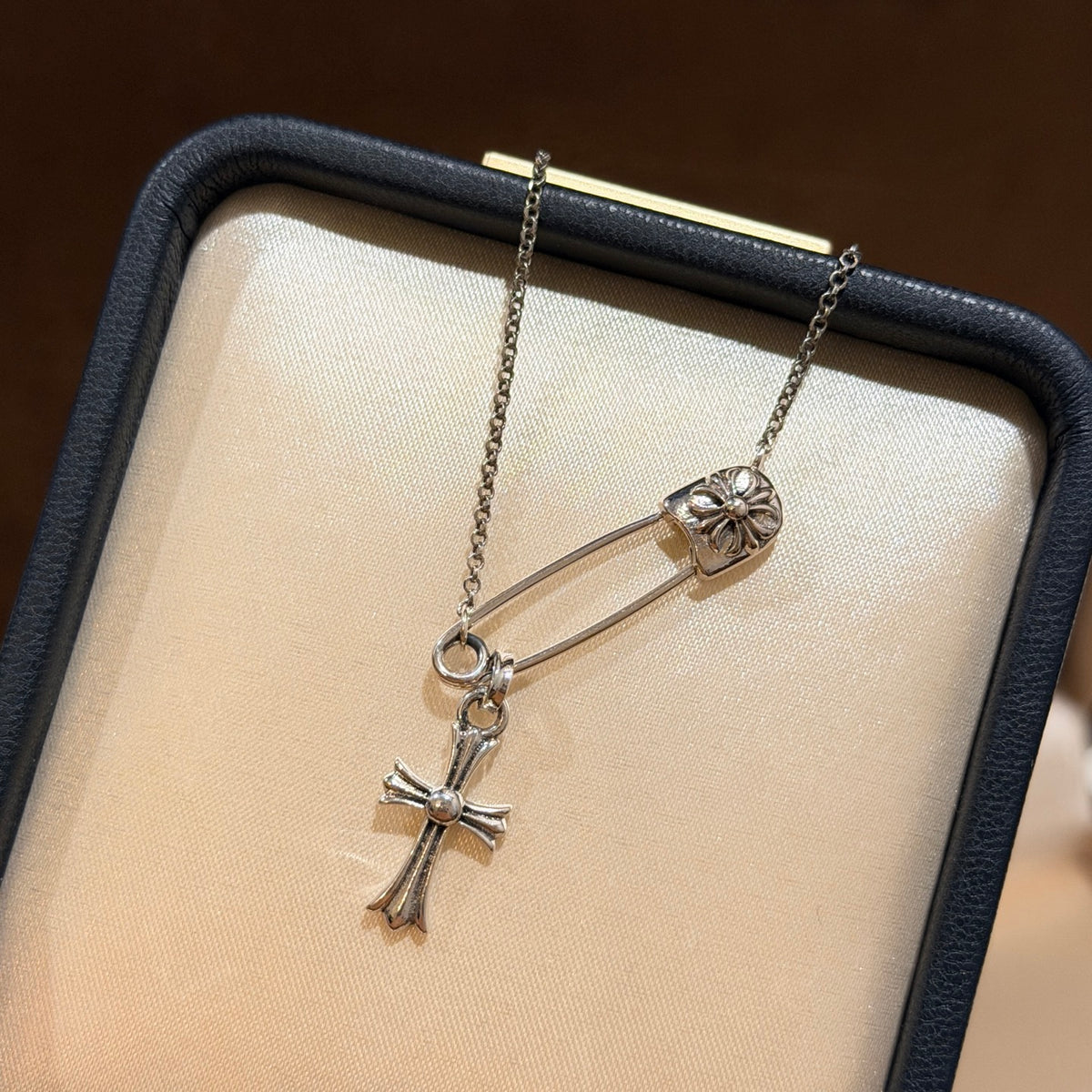 Signature Emblem Pendant Necklace in Polished Metal-Tone – Design 087 detail view