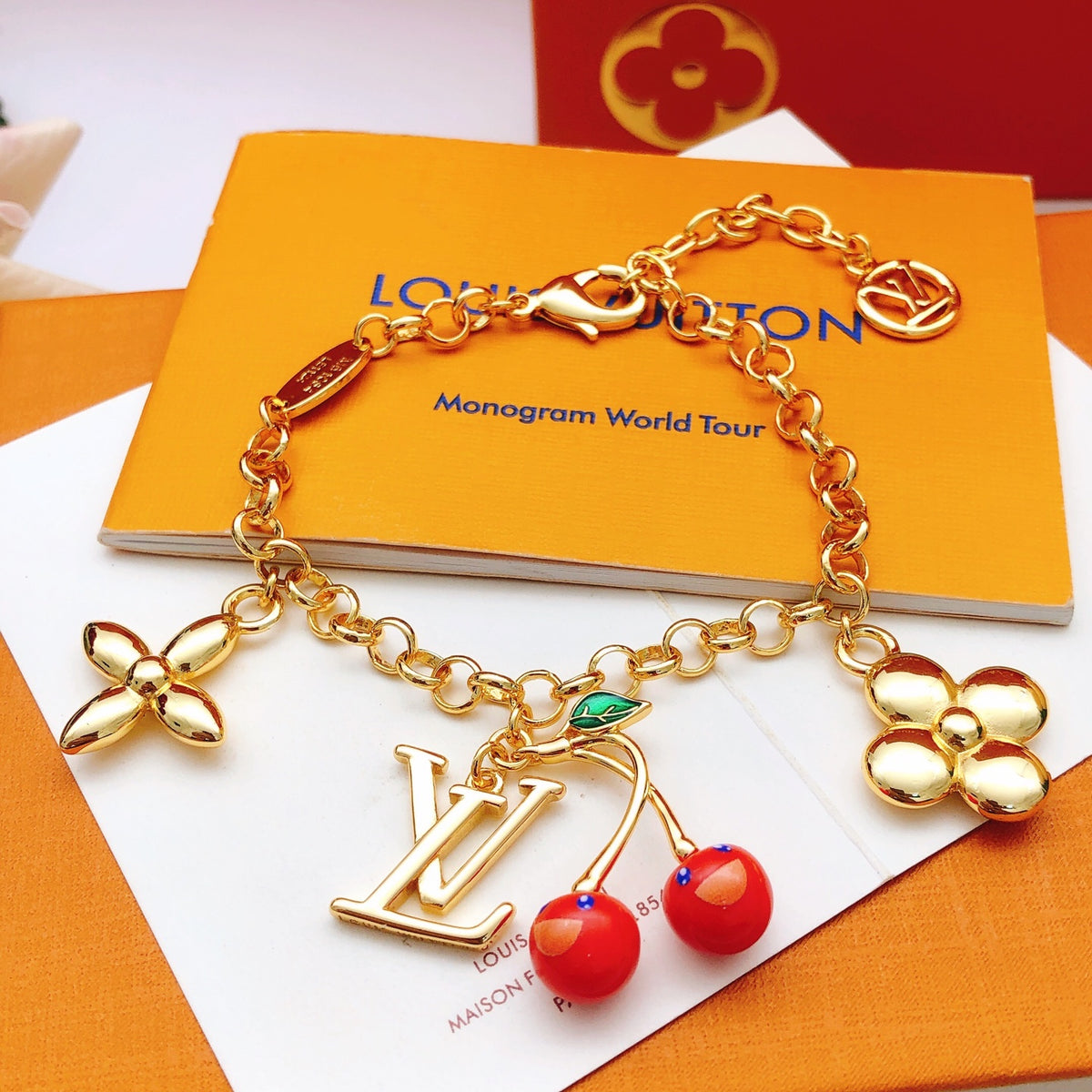 Geometric Emblem Bracelet in Gold-Tone – Red Detail – Design 002 main product view