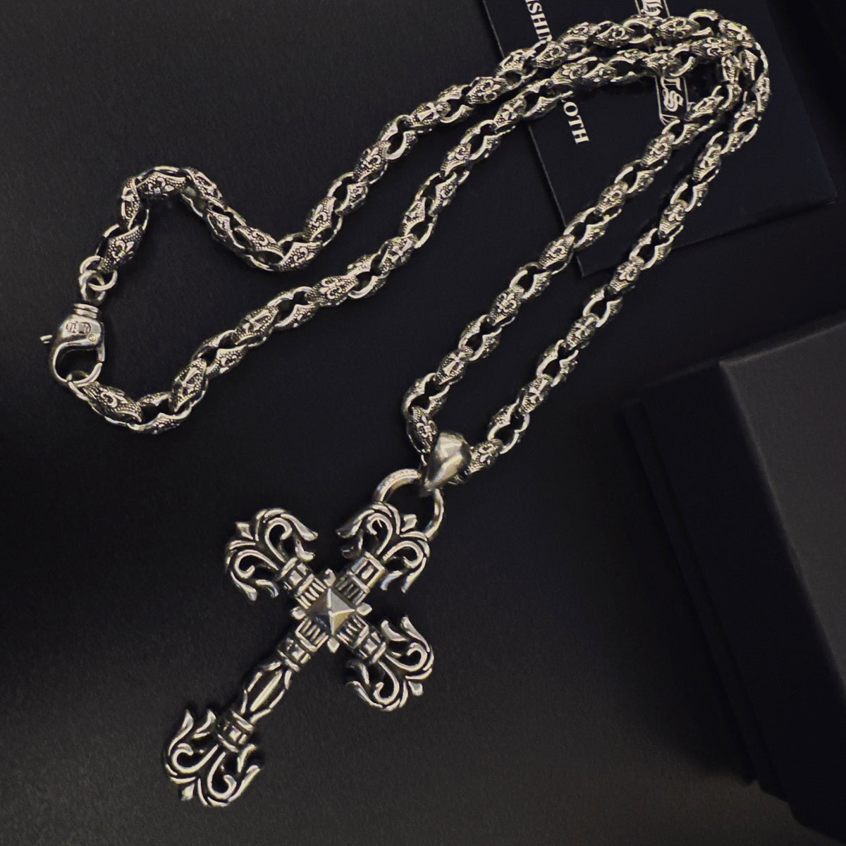 Cross Pendant Necklace in Antique Silver-Tone – Design 12 close-up detail