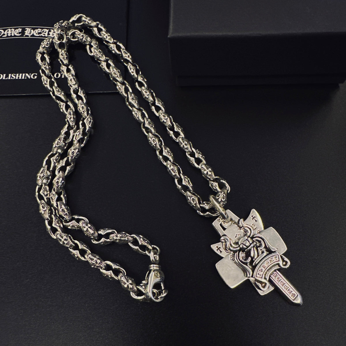 Cross Pendant Necklace in Antique Silver-Tone – Design 10 side detail