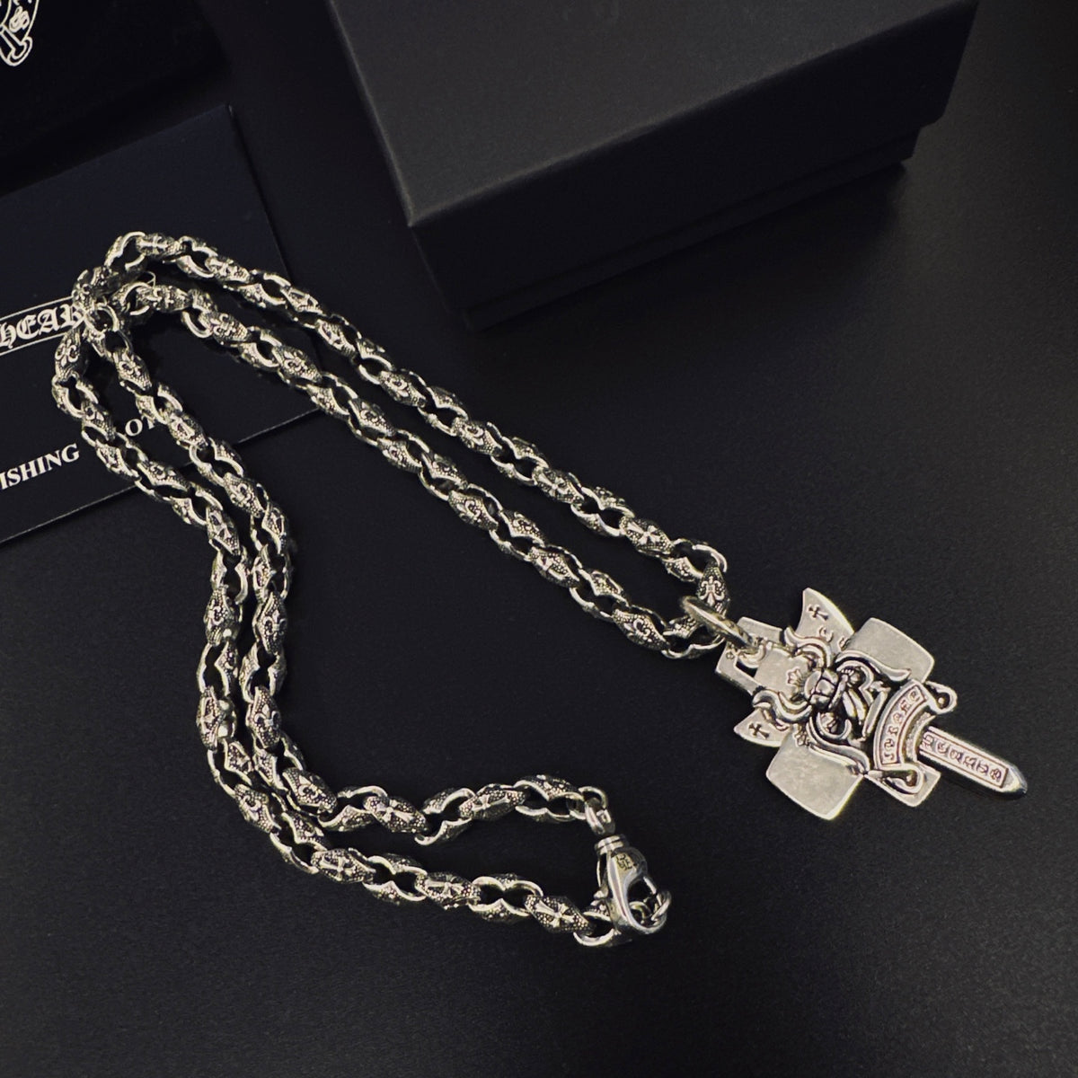 Signature Emblem Pendant Necklace in Polished Metal-Tone – Design 039 front product view