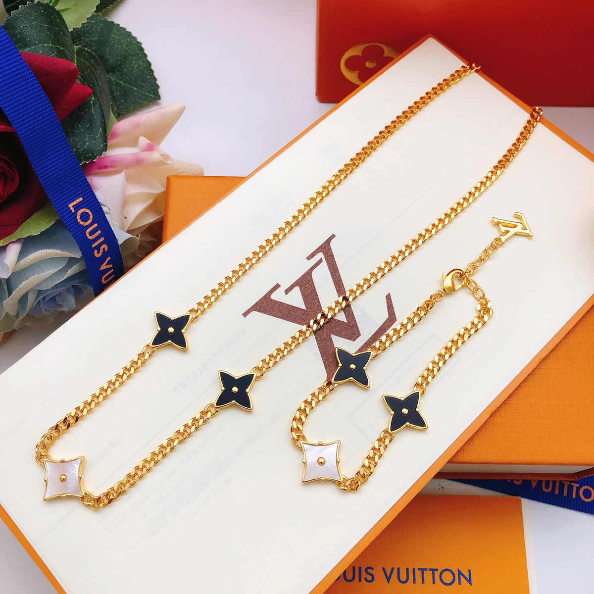 Geometric Emblem Pendant Necklace in Gold-Tone – Black Detail – Design 004 main product view