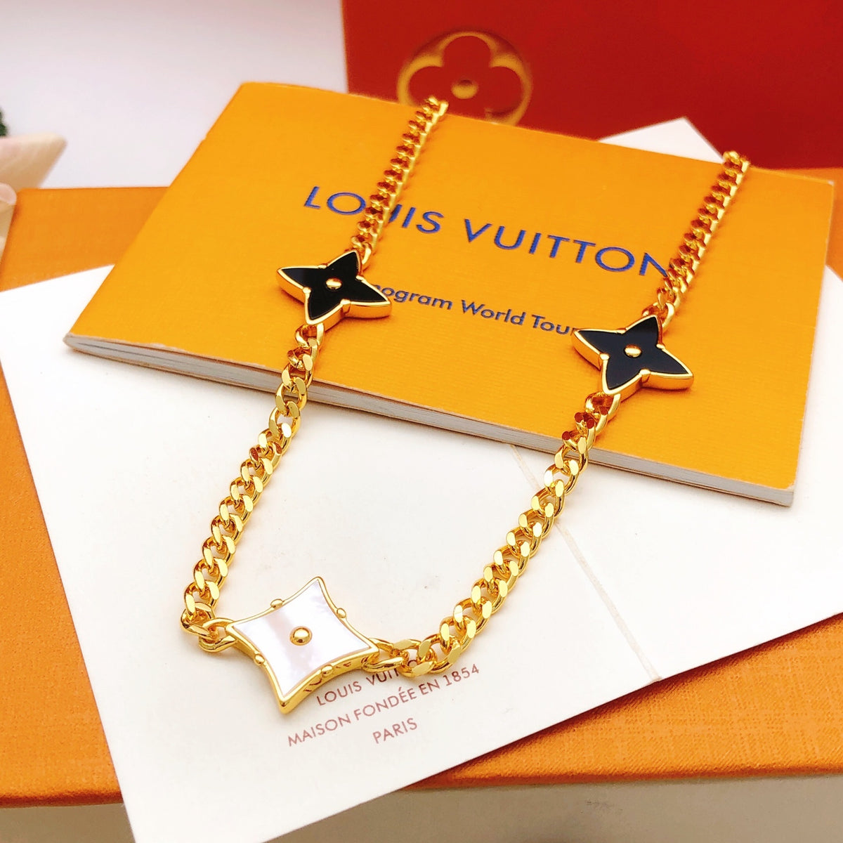 Geometric Emblem Pendant Necklace in Gold-Tone – Black Detail – Design 004 front product view