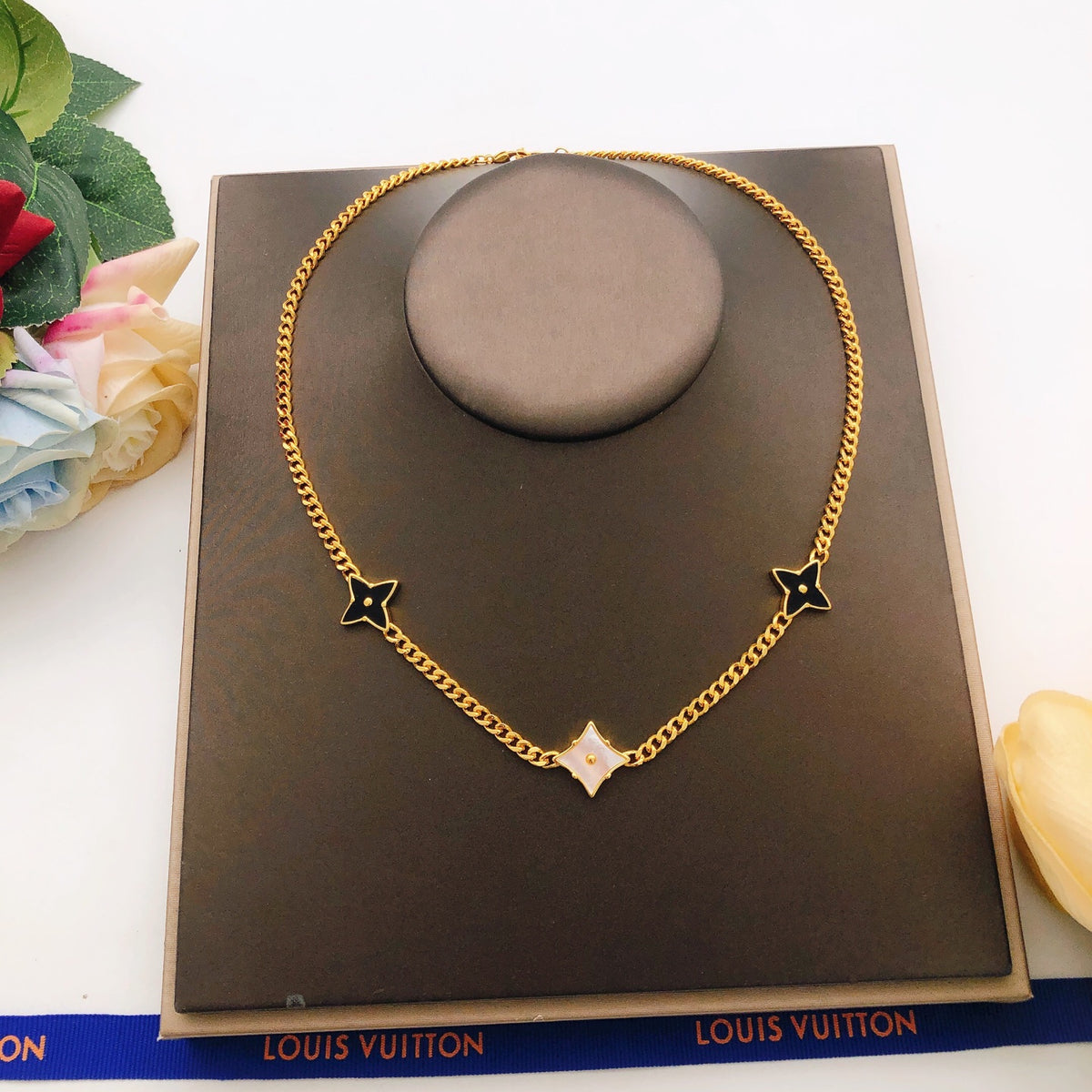 Geometric Emblem Pendant Necklace in Gold-Tone – Black Detail – Design 004 front product view