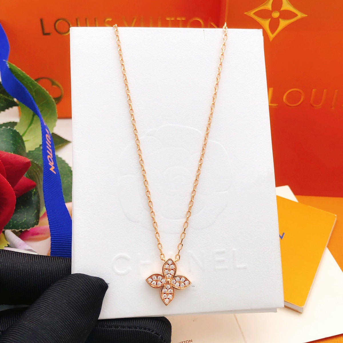 Geometric Emblem Pendant Necklace in Rose-Gold-Tone – Rose Gold Detail – Design 008 front product view