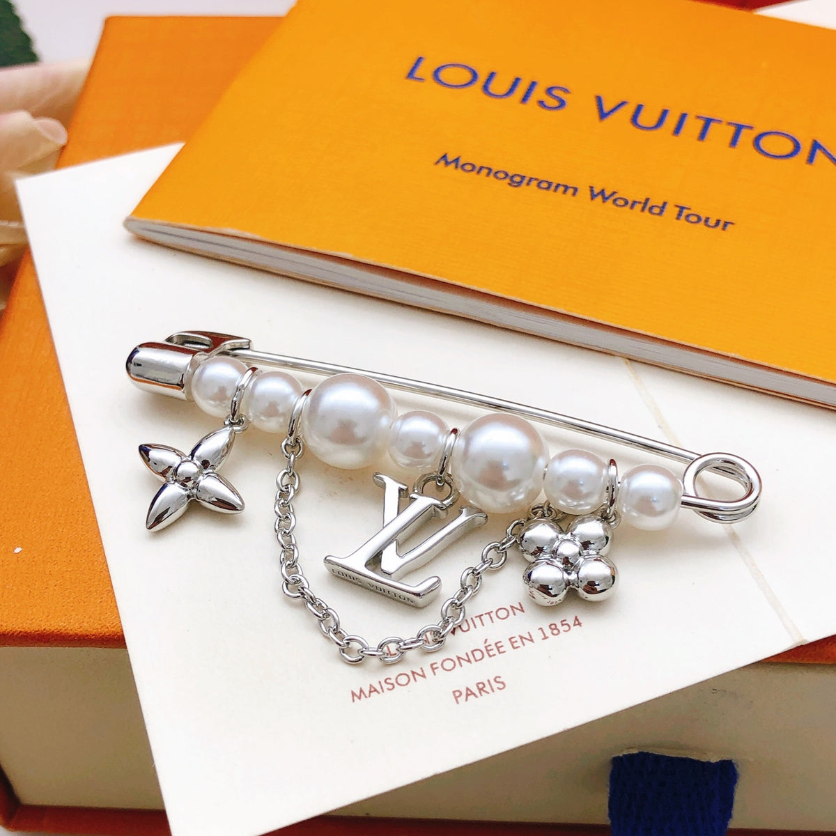 Geometric Emblem Brooch in Gold-Tone – Pearl Detail front product view