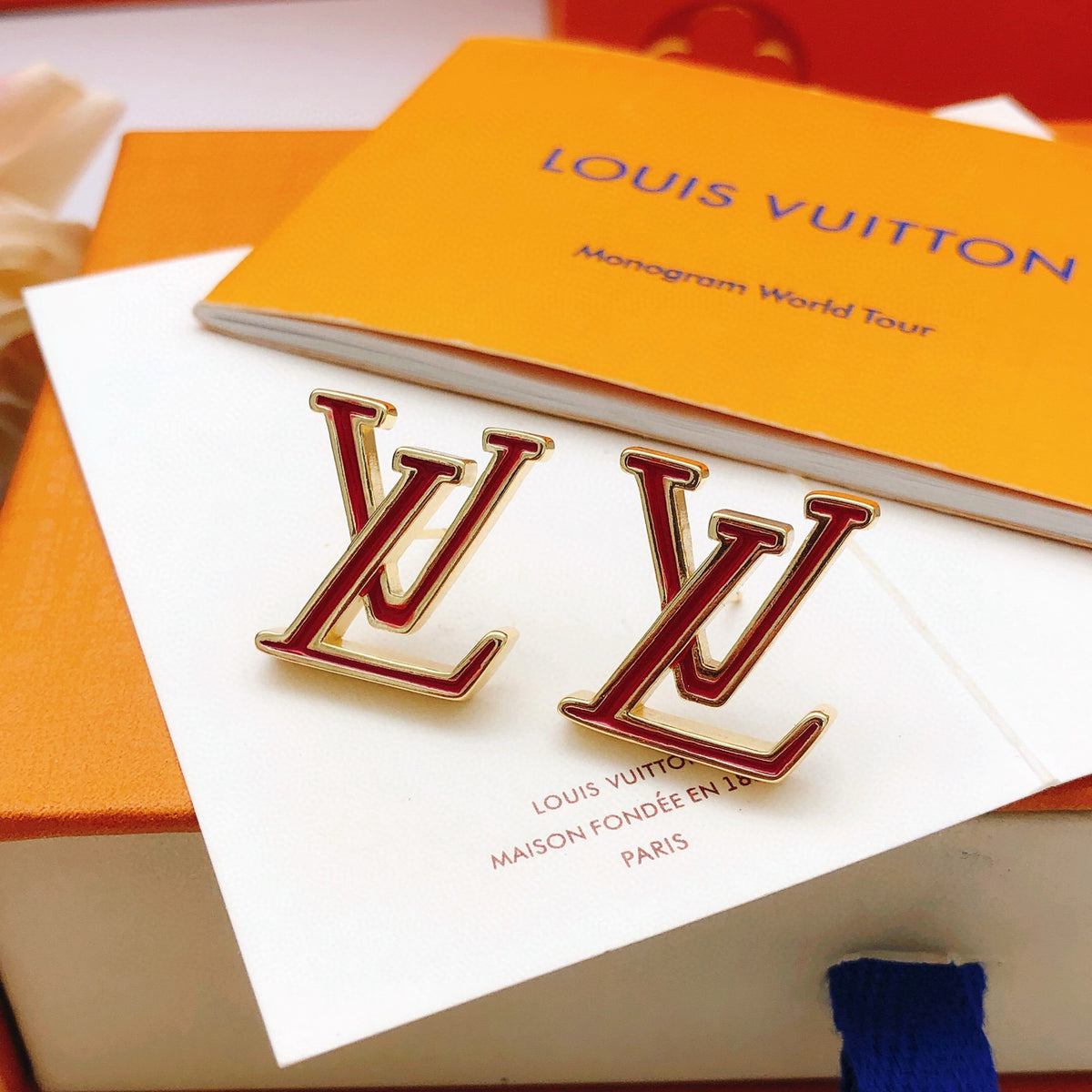 Geometric Emblem Stud Earrings in Gold-Tone – Red Detail – Design 003 detail view