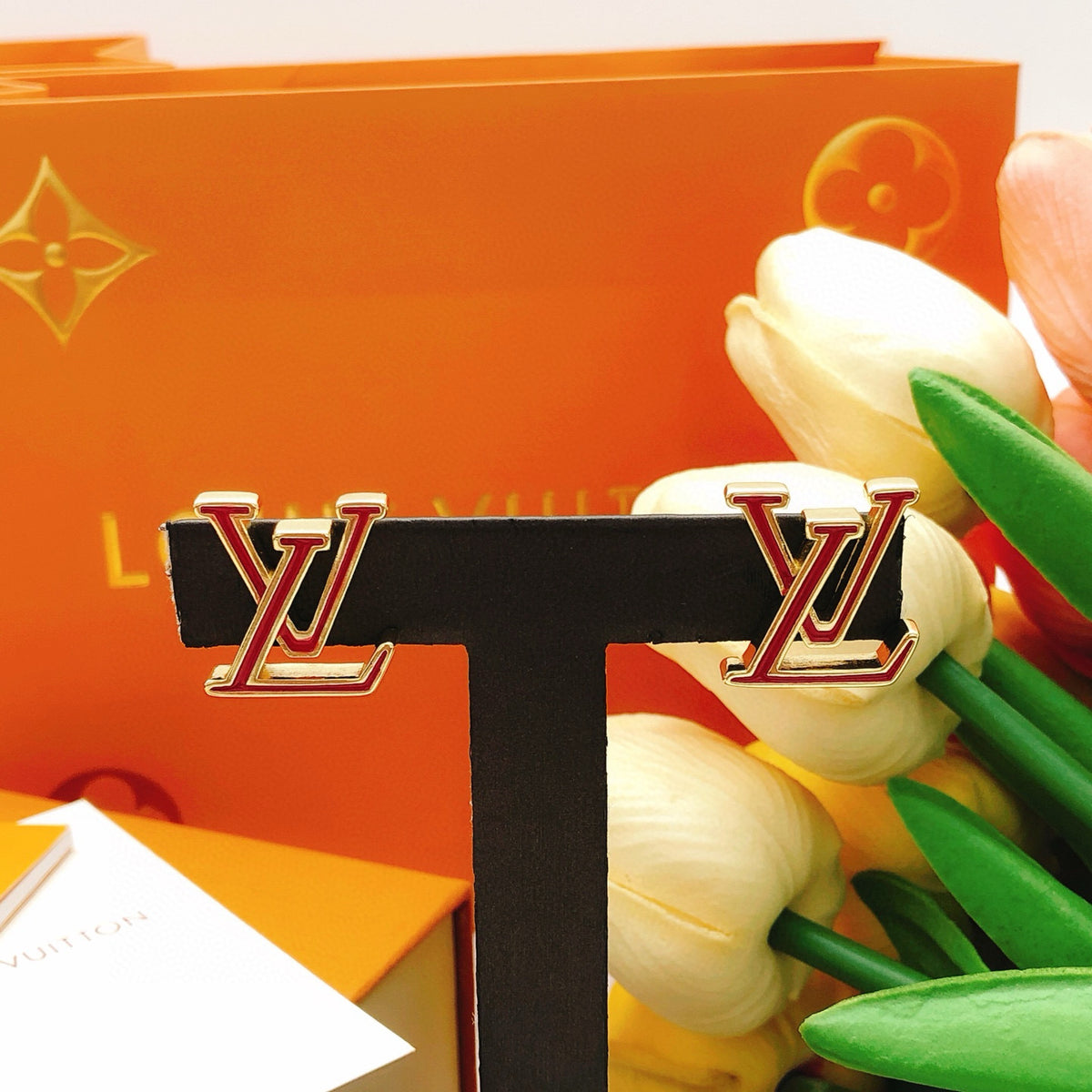 Geometric Emblem Stud Earrings in Gold-Tone – Red Detail – Design 003 close-up detail