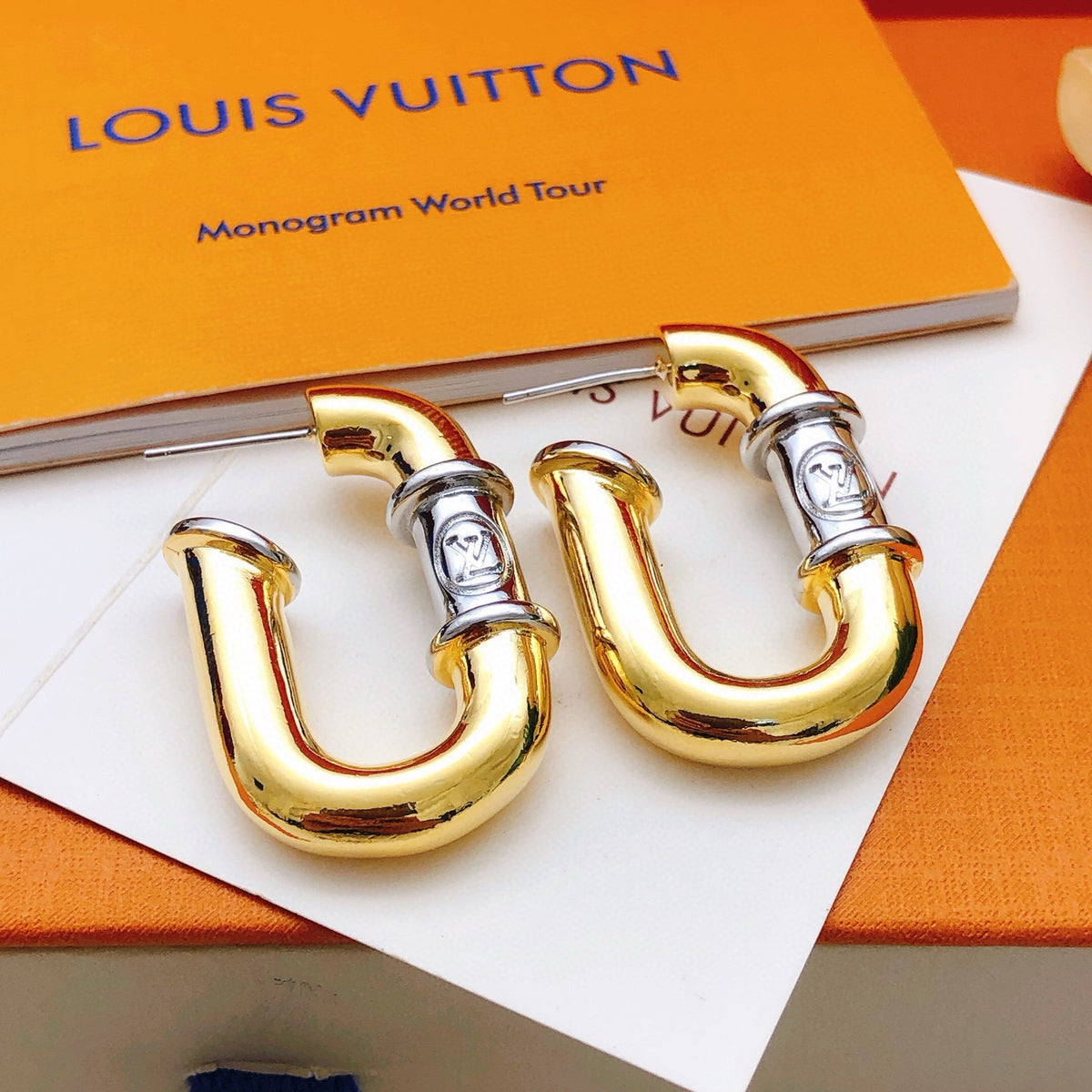 Geometric Emblem Statement Earrings in Gold-Tone – Design 005 detail view