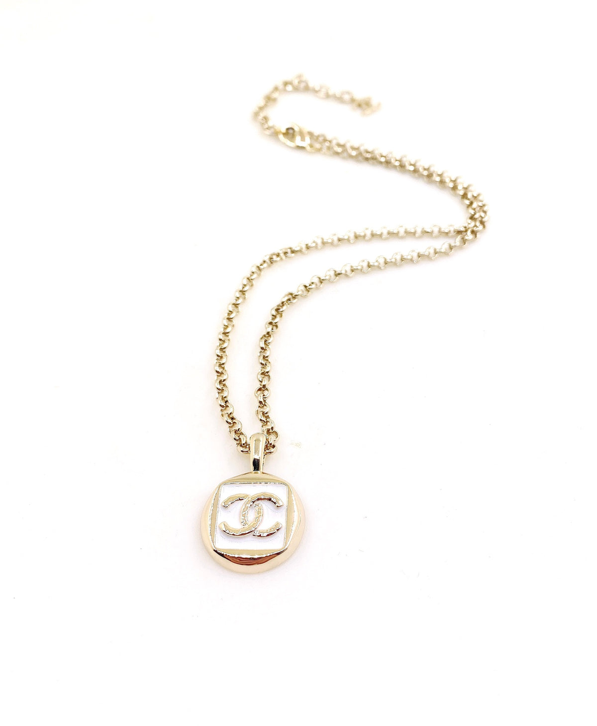 Signature Emblem Pendant Necklace in Gold-Tone – White Detail – Design 005 main product view