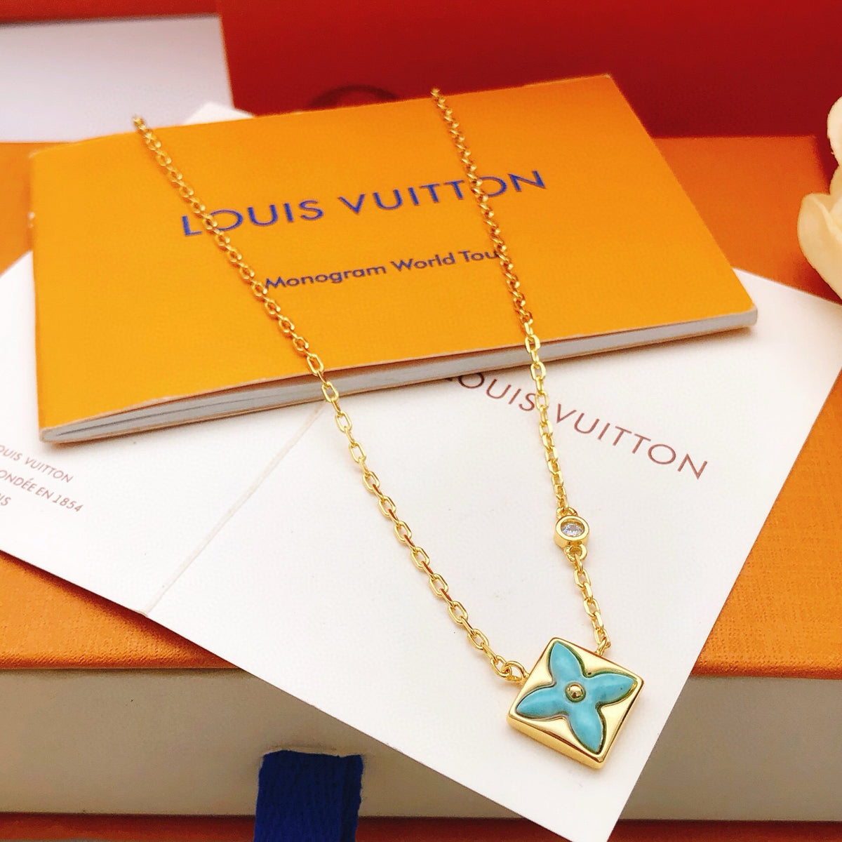Geometric Emblem Pendant Necklace in Gold-Tone – Blue Detail – Design 004 close-up detail