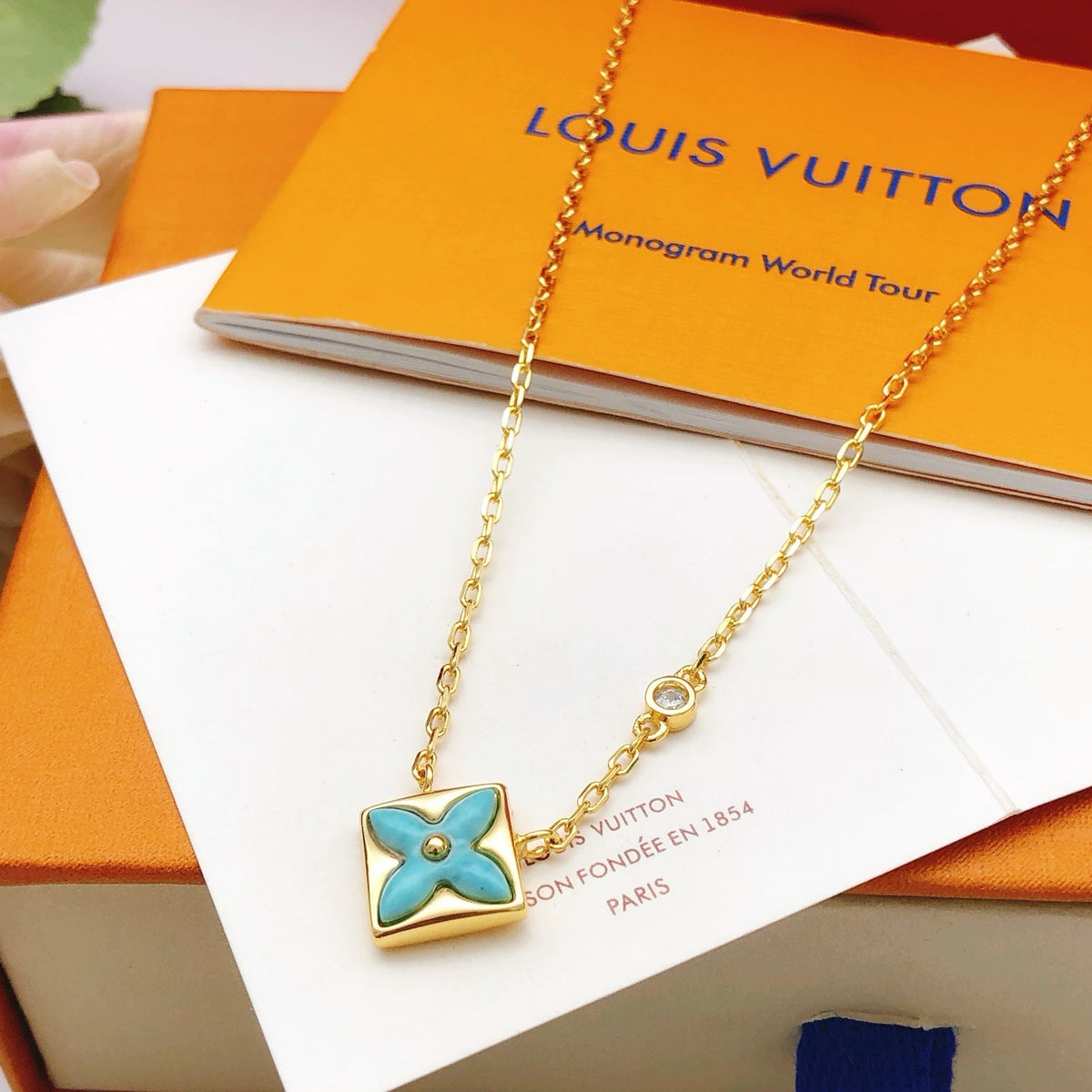 Geometric Emblem Pendant Necklace in Gold-Tone – Blue Detail – Design 004 main product view