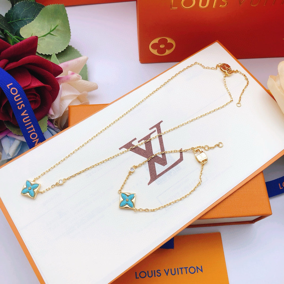 Geometric Emblem Pendant Necklace in Gold-Tone – Blue Detail – Design 004 front product view