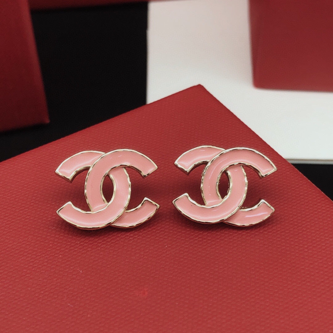 Signature Emblem Stud Earrings in Gold-Tone – Pink Detail front product view