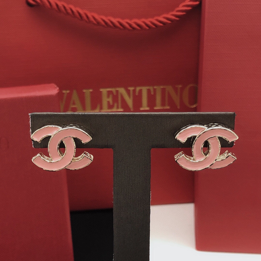 Signature Emblem Stud Earrings in Gold-Tone – Pink Detail detail view