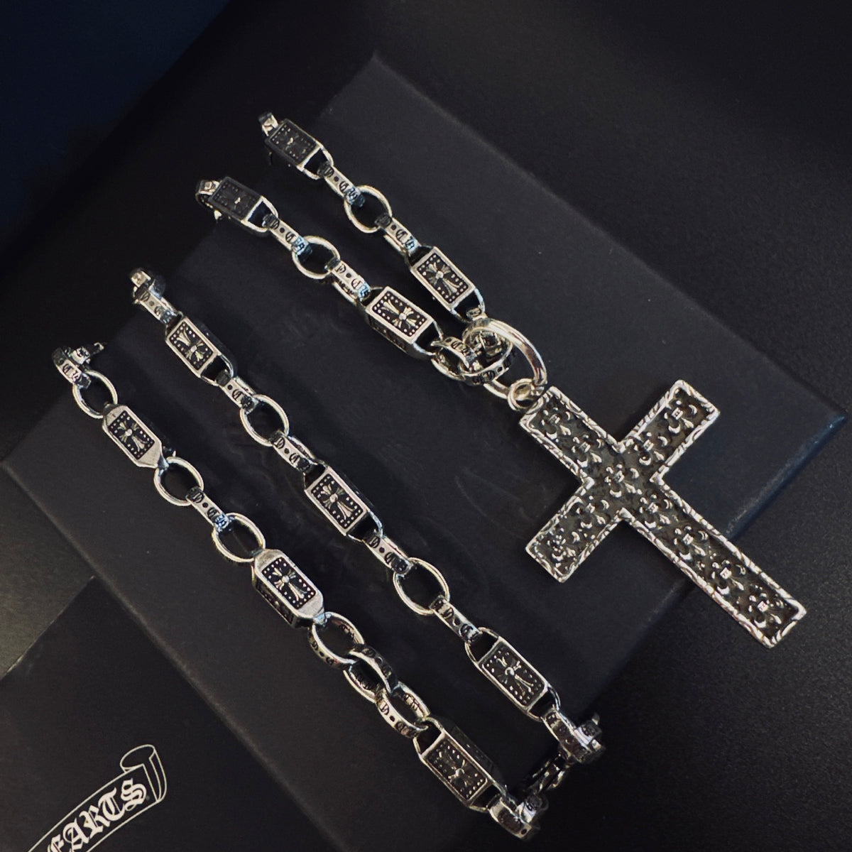 Gothic Emblem Pendant Necklace in Antique Silver-Tone – Design 13 styled product view