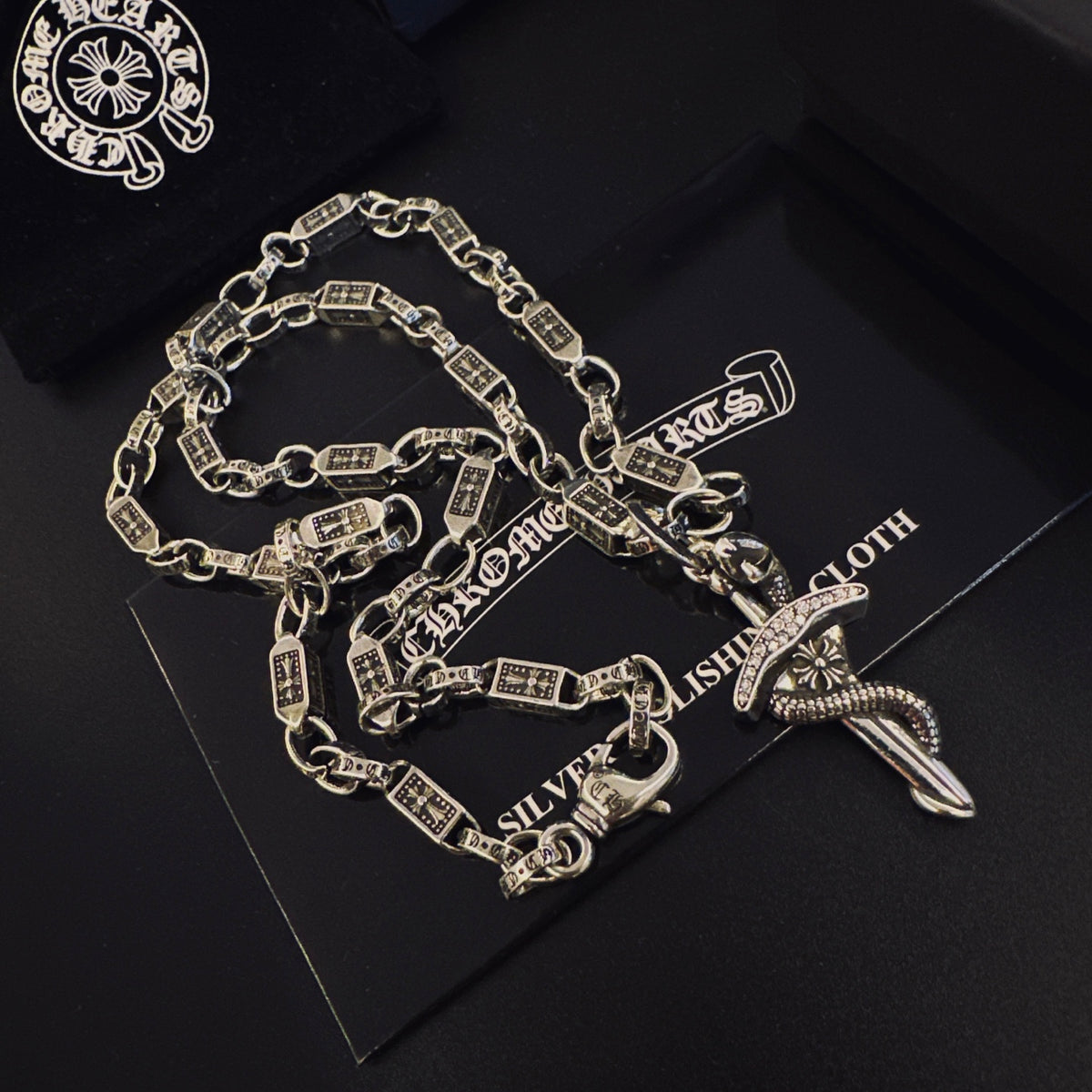 Gothic Emblem Pendant Necklace in Antique Silver-Tone – Design 10 detail view