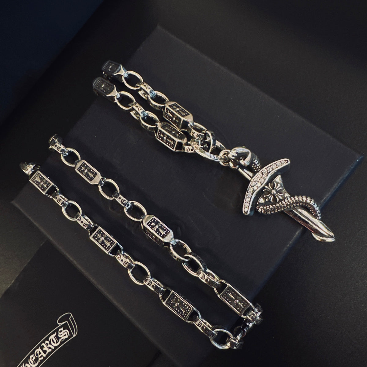 Gothic Emblem Pendant Necklace in Antique Silver-Tone – Design 10 styled product view