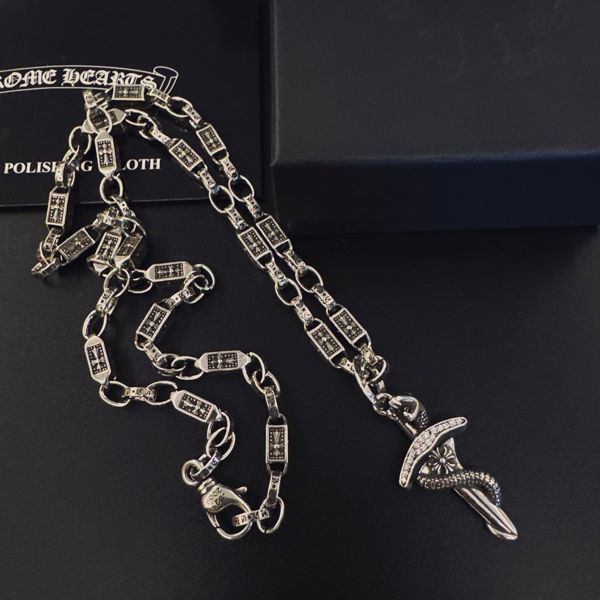 Gothic Emblem Pendant Necklace in Antique Silver-Tone – Design 10 detail view
