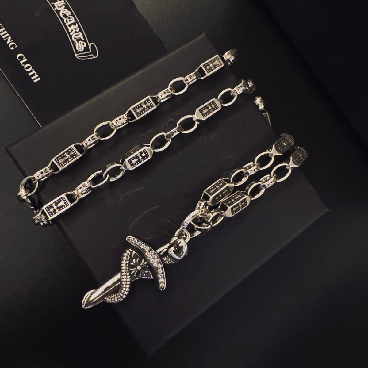 Gothic Emblem Pendant Necklace in Antique Silver-Tone – Design 10 front product view
