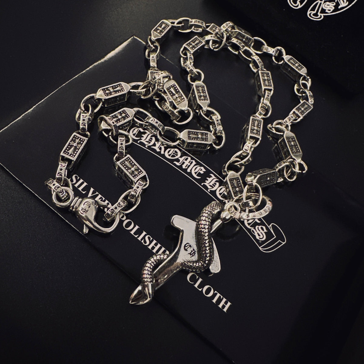 Gothic Emblem Pendant Necklace in Antique Silver-Tone – Design 10 front product view