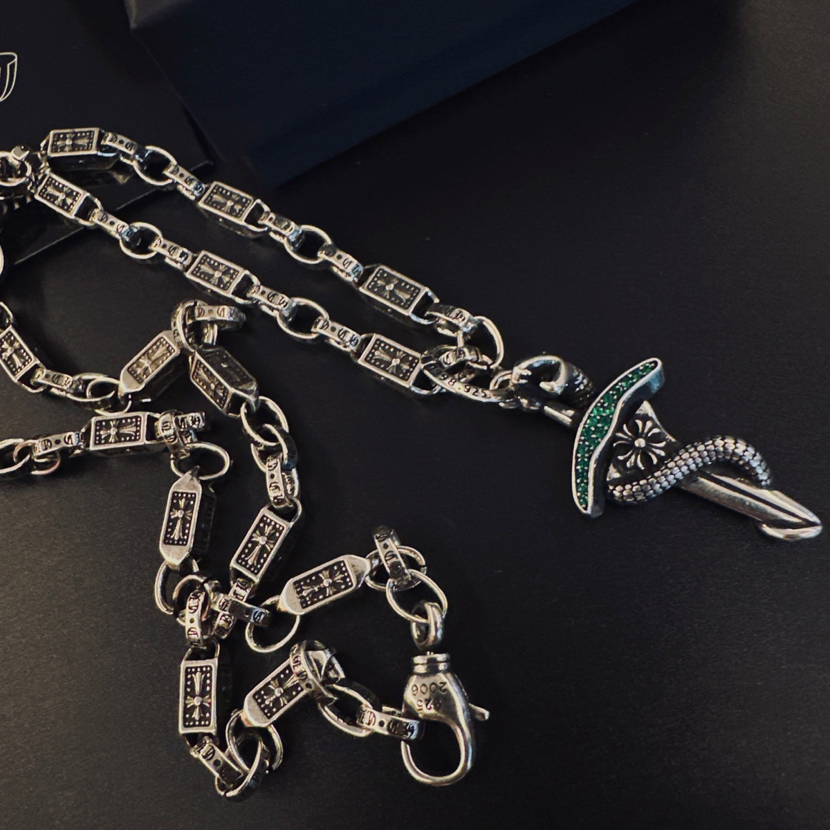 Gothic Emblem Pendant Necklace in Antique Silver-Tone – Design 09 close-up detail