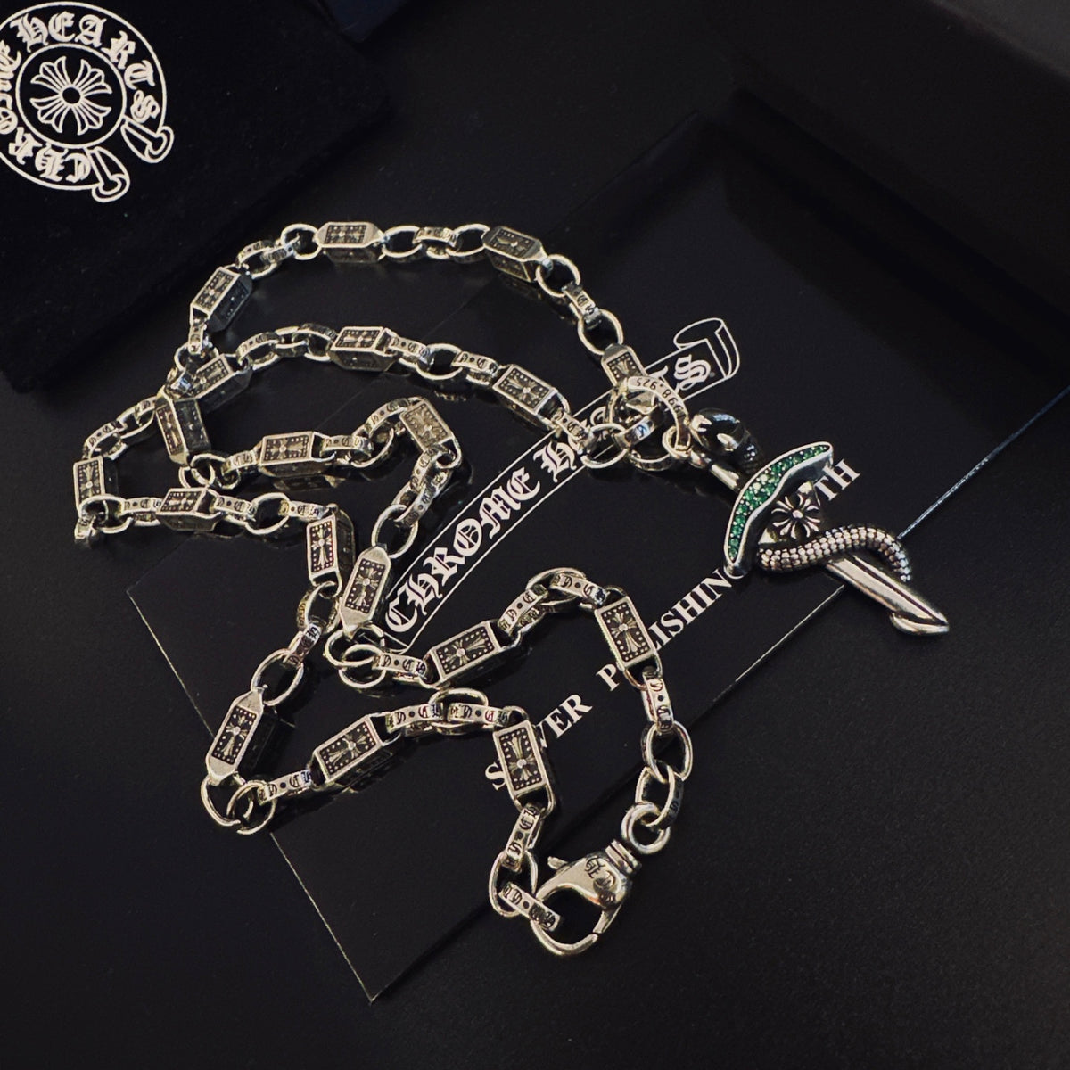 Gothic Emblem Pendant Necklace in Antique Silver-Tone – Design 09 main product view