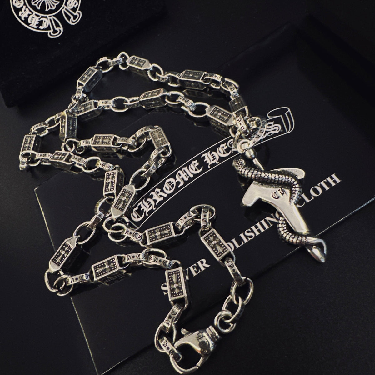 Gothic Emblem Pendant Necklace in Antique Silver-Tone – Design 09 styled product view