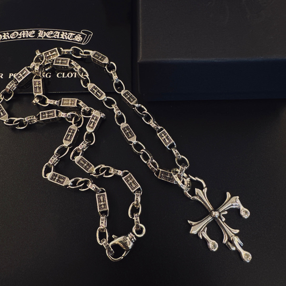 Gothic Emblem Pendant Necklace in Antique Silver-Tone – Design 06 styled product view