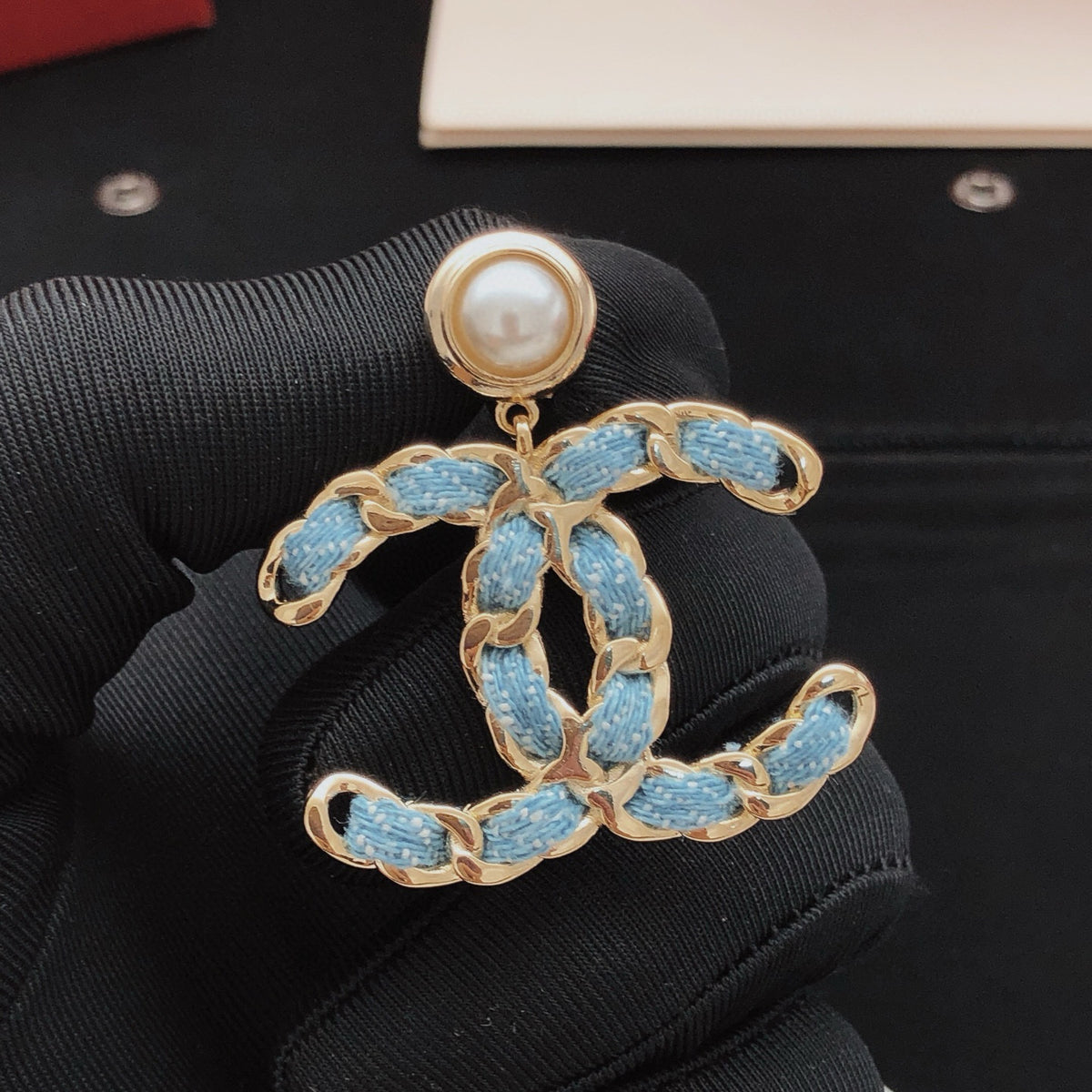 Signature Emblem Statement Earrings in Gold-Tone – Blue Detail – Design 006 close-up detail