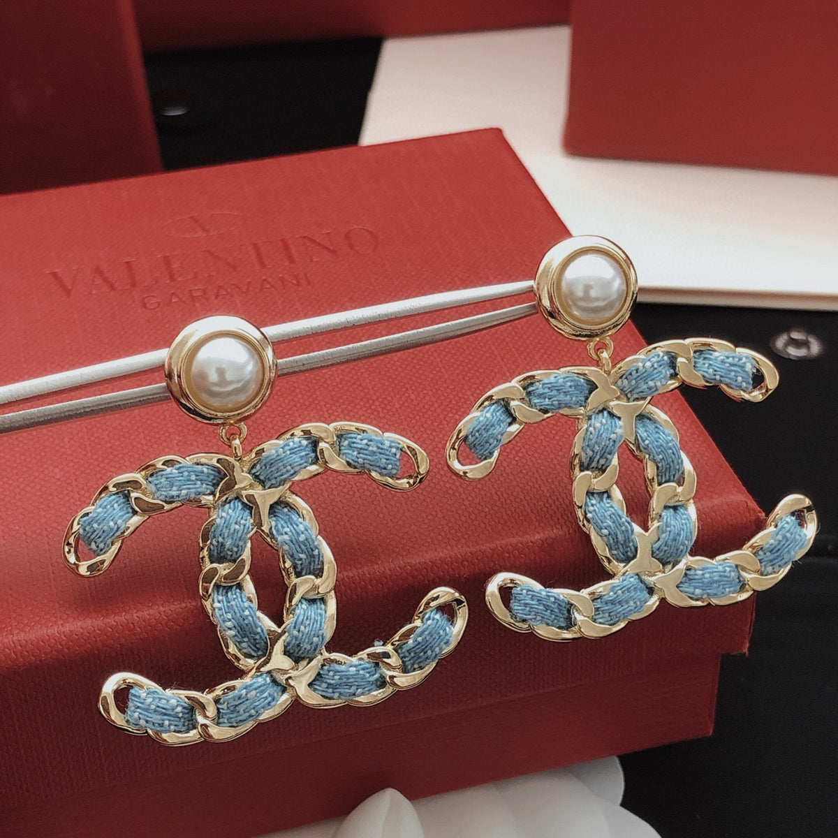 Signature Emblem Statement Earrings in Gold-Tone – Blue Detail – Design 006 main product view