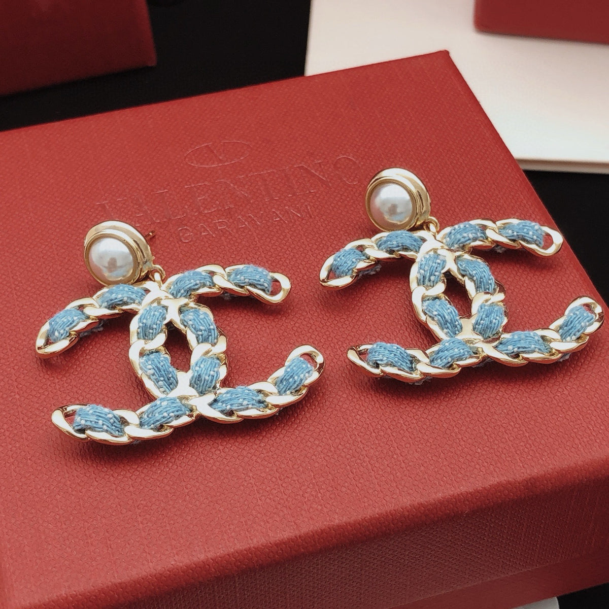 Signature Emblem Statement Earrings in Gold-Tone – Blue Detail – Design 006 detail view