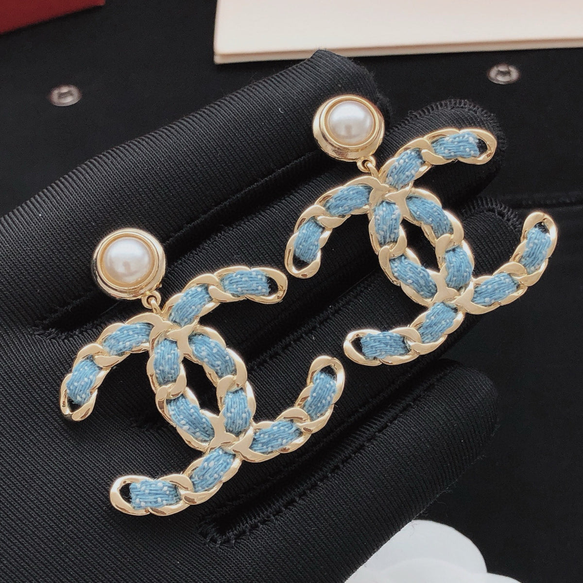 Signature Emblem Statement Earrings in Gold-Tone – Blue Detail – Design 006 side detail