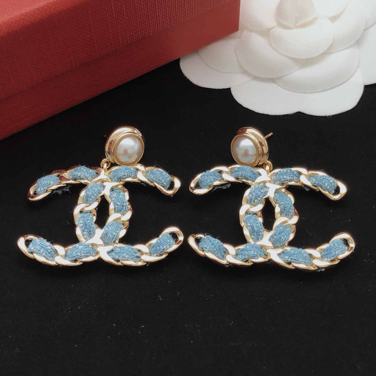 Signature Emblem Statement Earrings in Gold-Tone – Blue Detail – Design 006 front product view