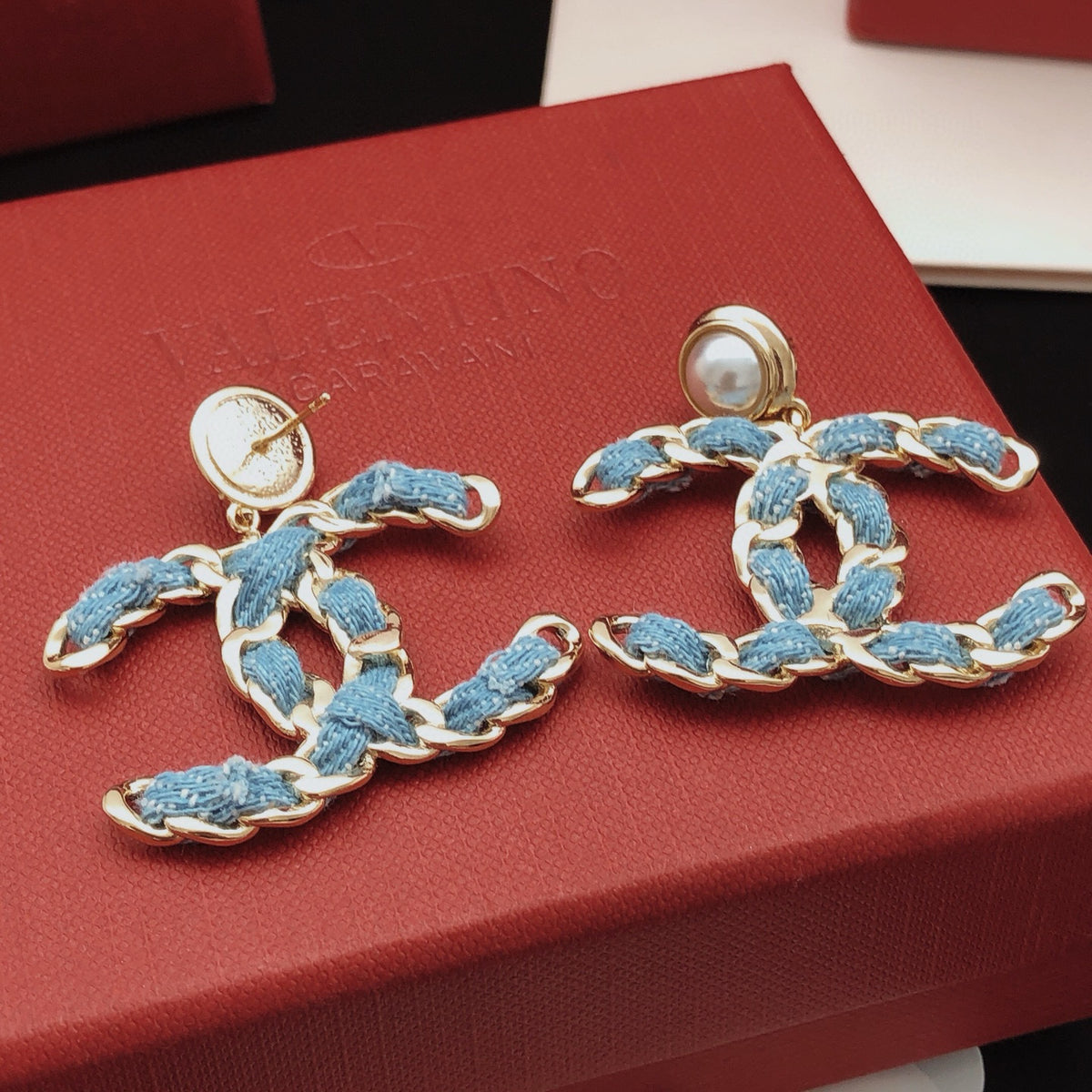 Signature Emblem Statement Earrings in Gold-Tone – Blue Detail – Design 006 front product view