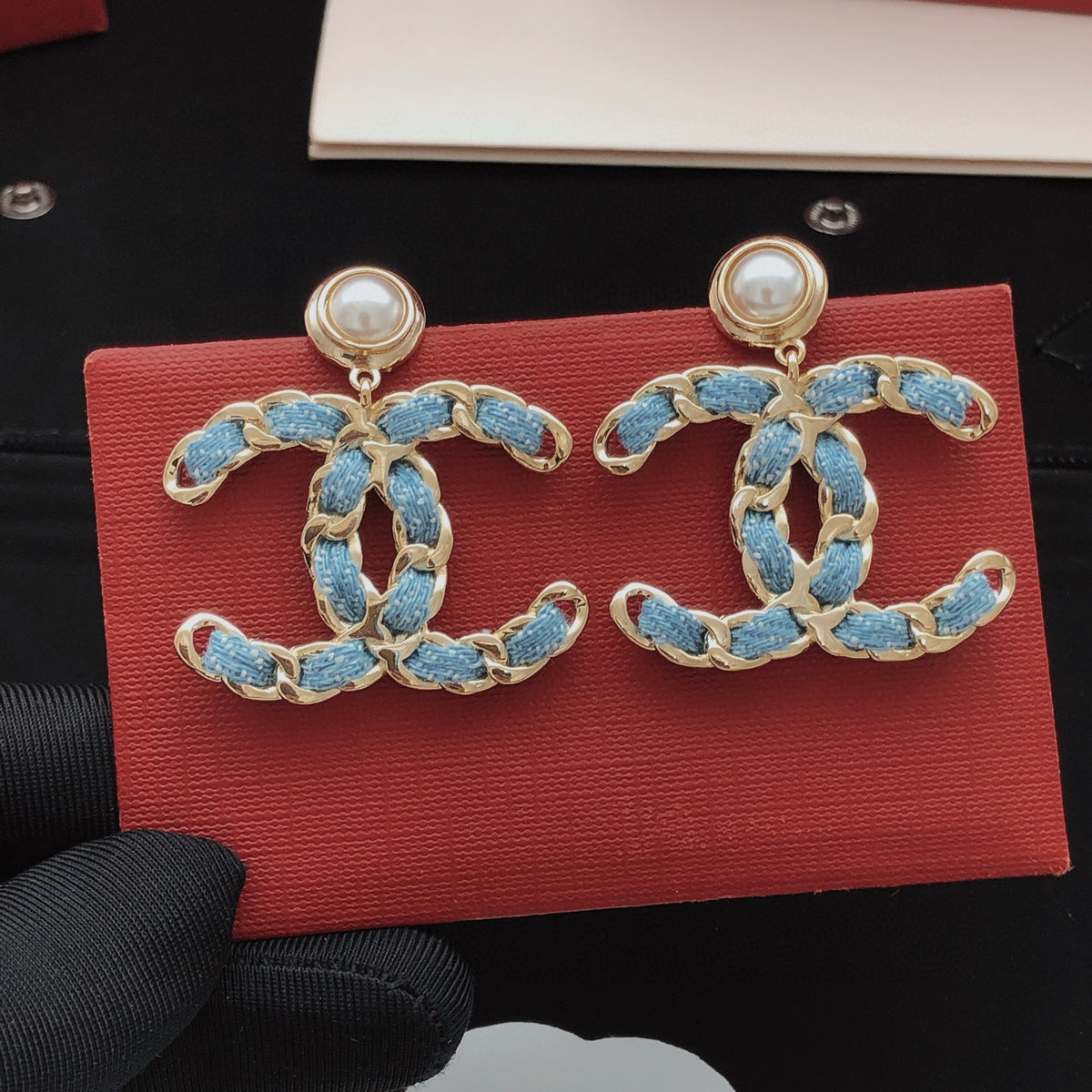 Signature Emblem Statement Earrings in Gold-Tone – Blue Detail – Design 006 styled product view