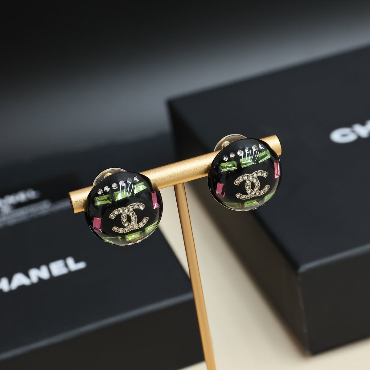 Double-C Emblem Crystal-Accent Stud Earrings – Pink Detail – Design 002 styled product view