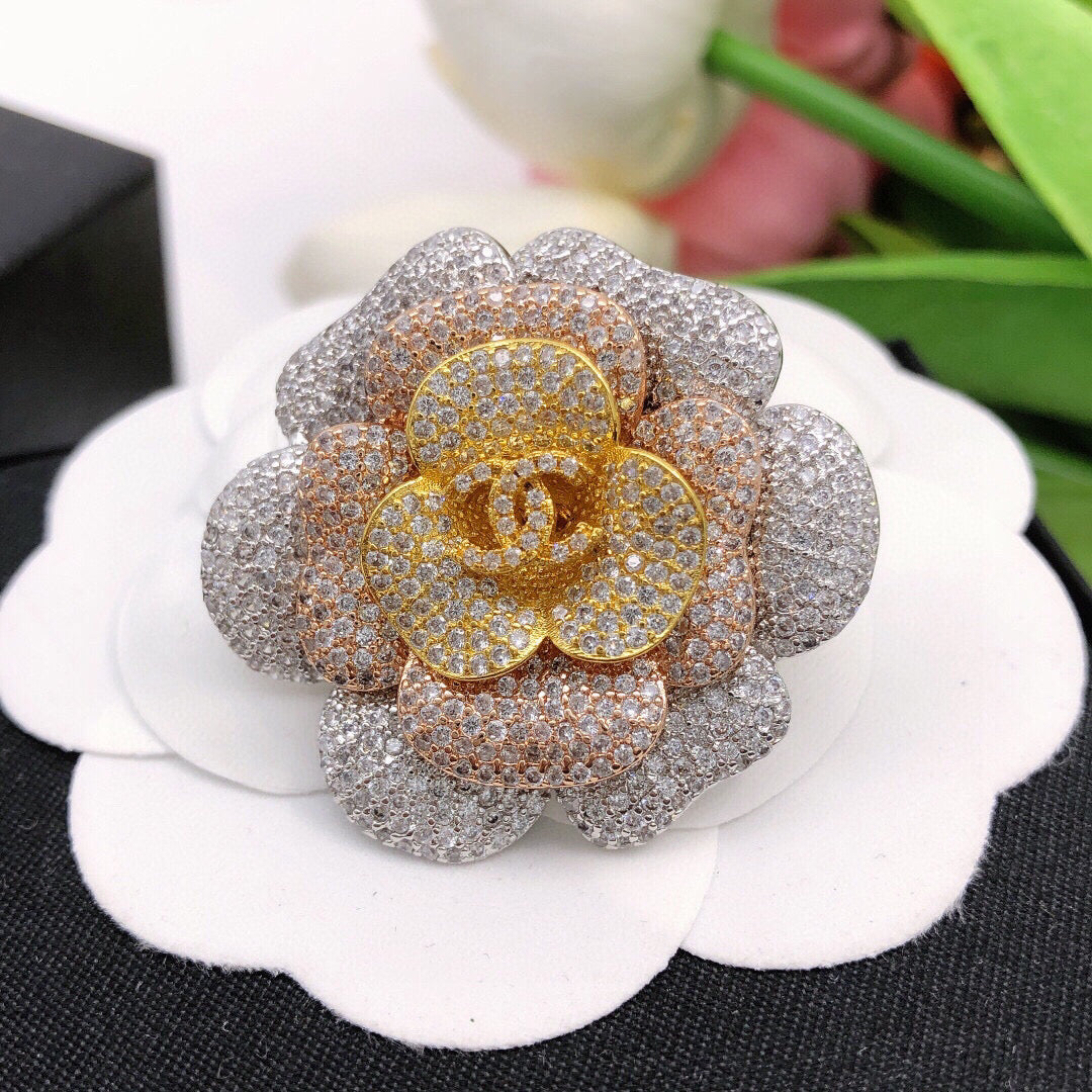Camellia Brooch in Polished Metal-Tone – Camellia Detail – Design 003 front product view