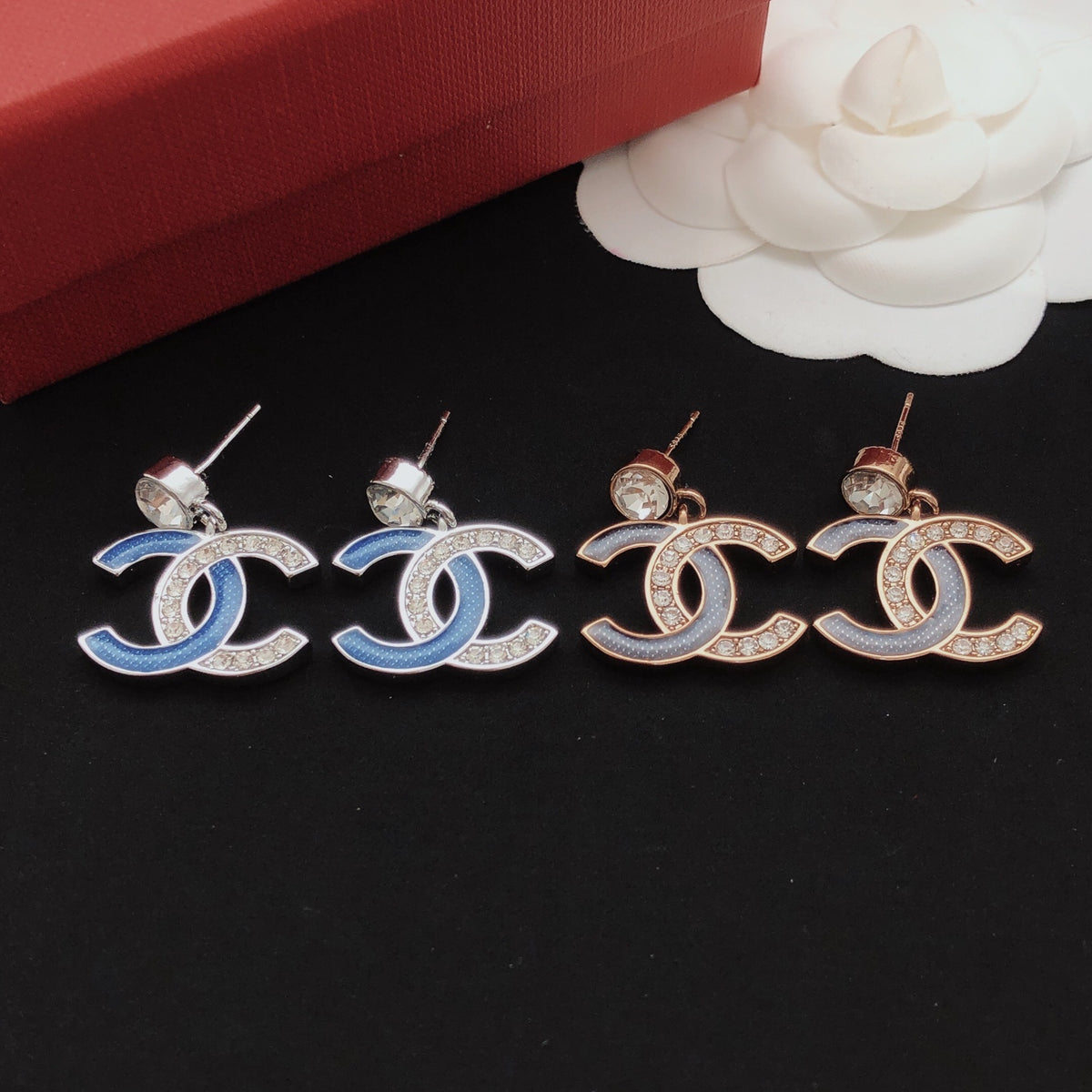 Signature Emblem Stud Earrings in Gold-Tone – Blue Detail main product view