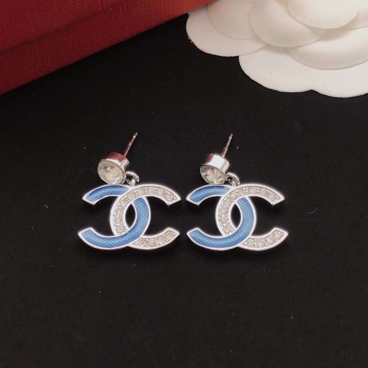 Signature Emblem Stud Earrings in Gold-Tone – Blue Detail front product view