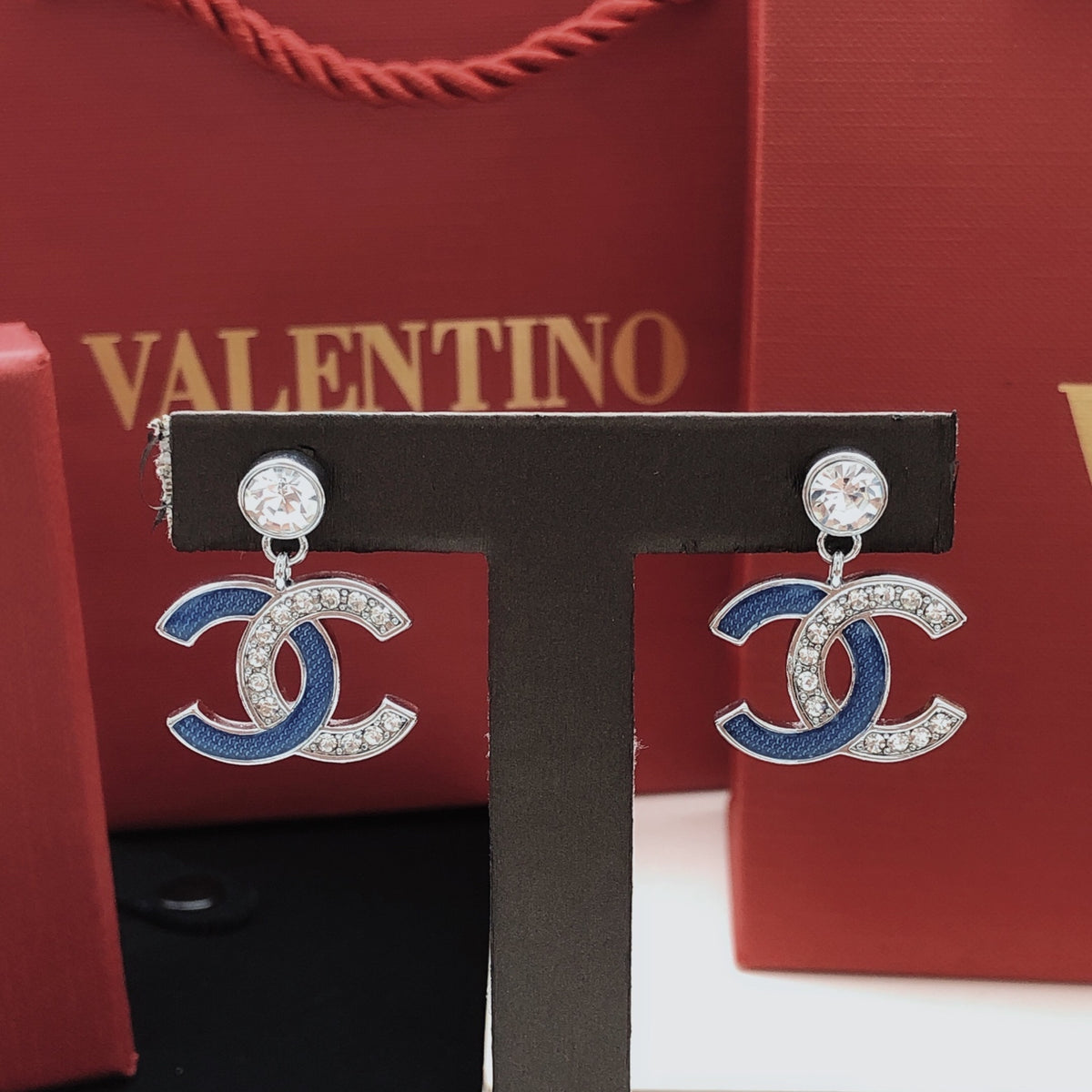 Signature Emblem Stud Earrings in Gold-Tone – Blue Detail detail view