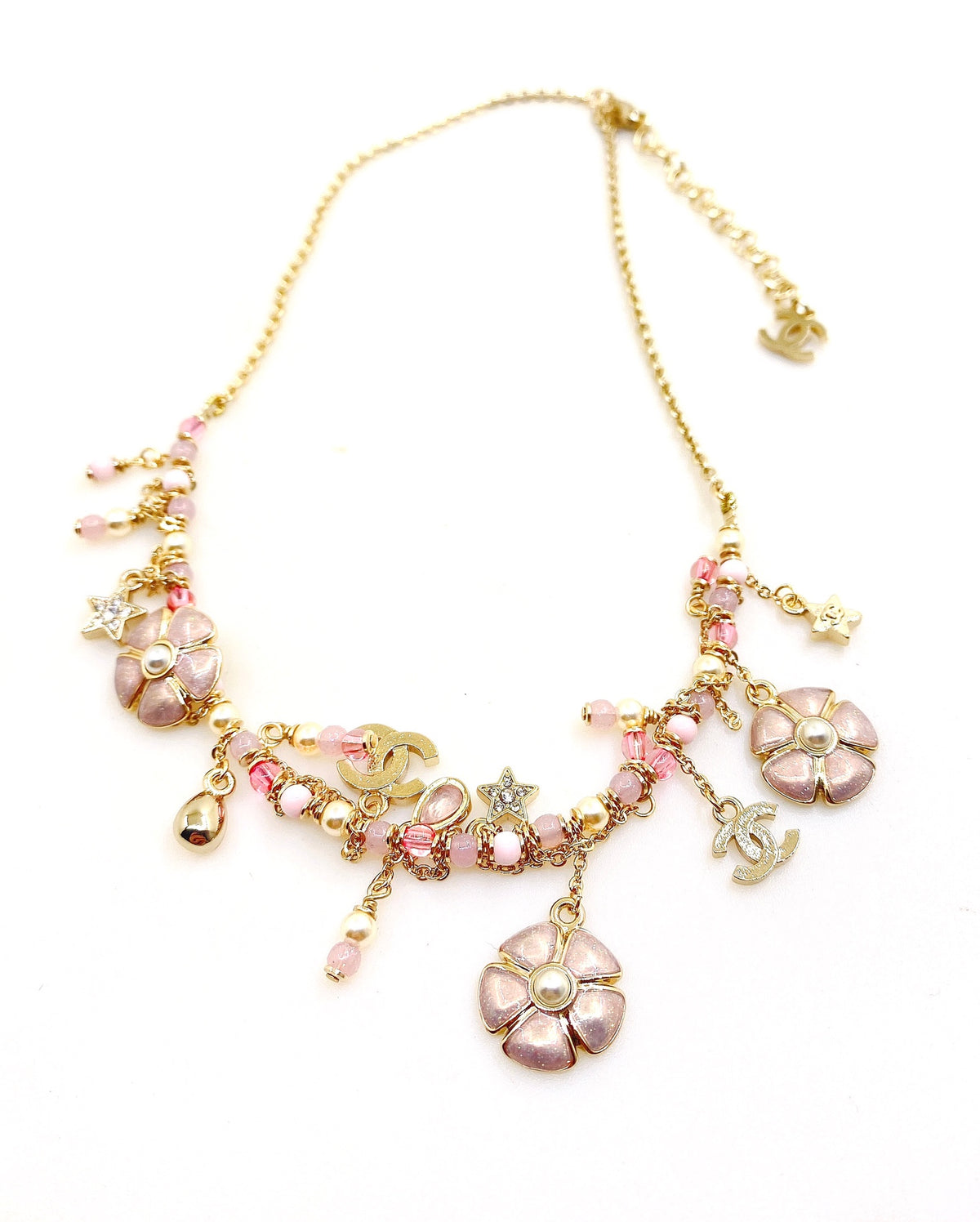 Signature Emblem Pendant Necklace in Gold-Tone – Pink Detail – Design 003 main product view